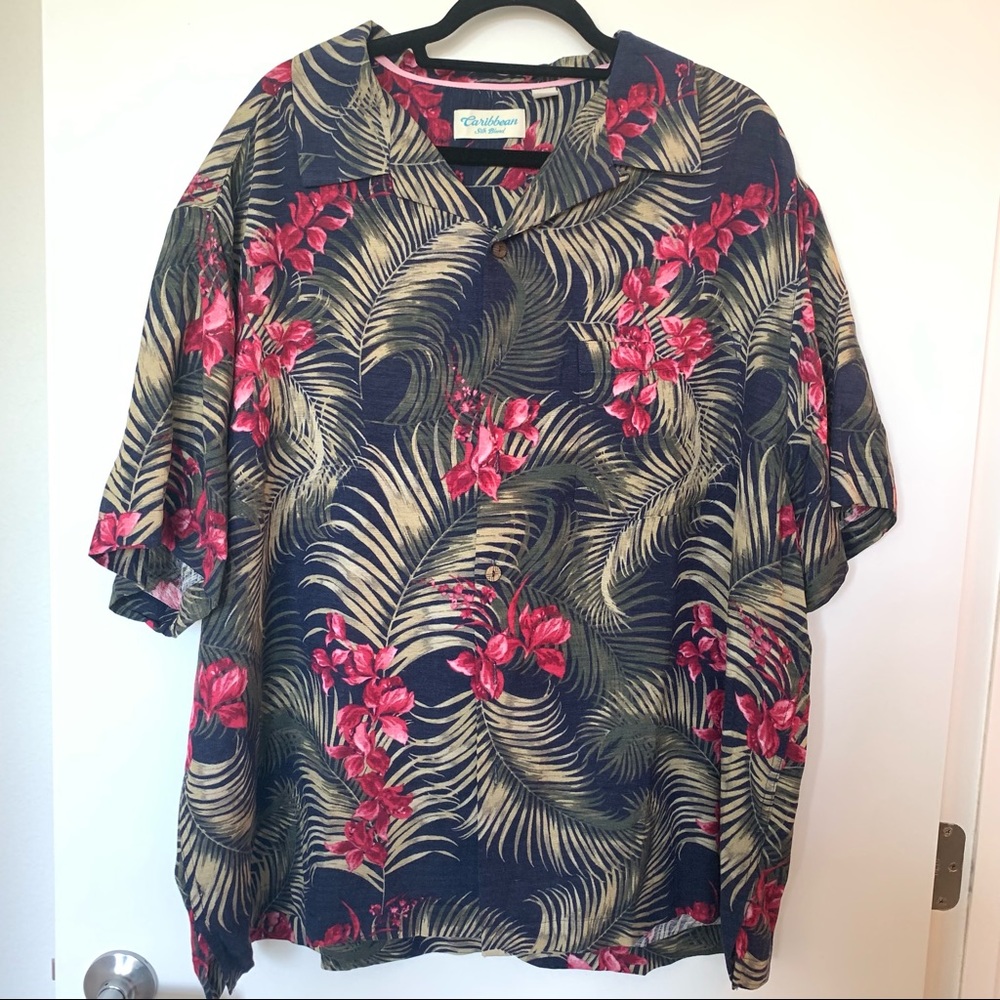 Mens Caribbean Silk Blend Floral Hawaiian Button Down Dress Shirt 2XB Big & tall